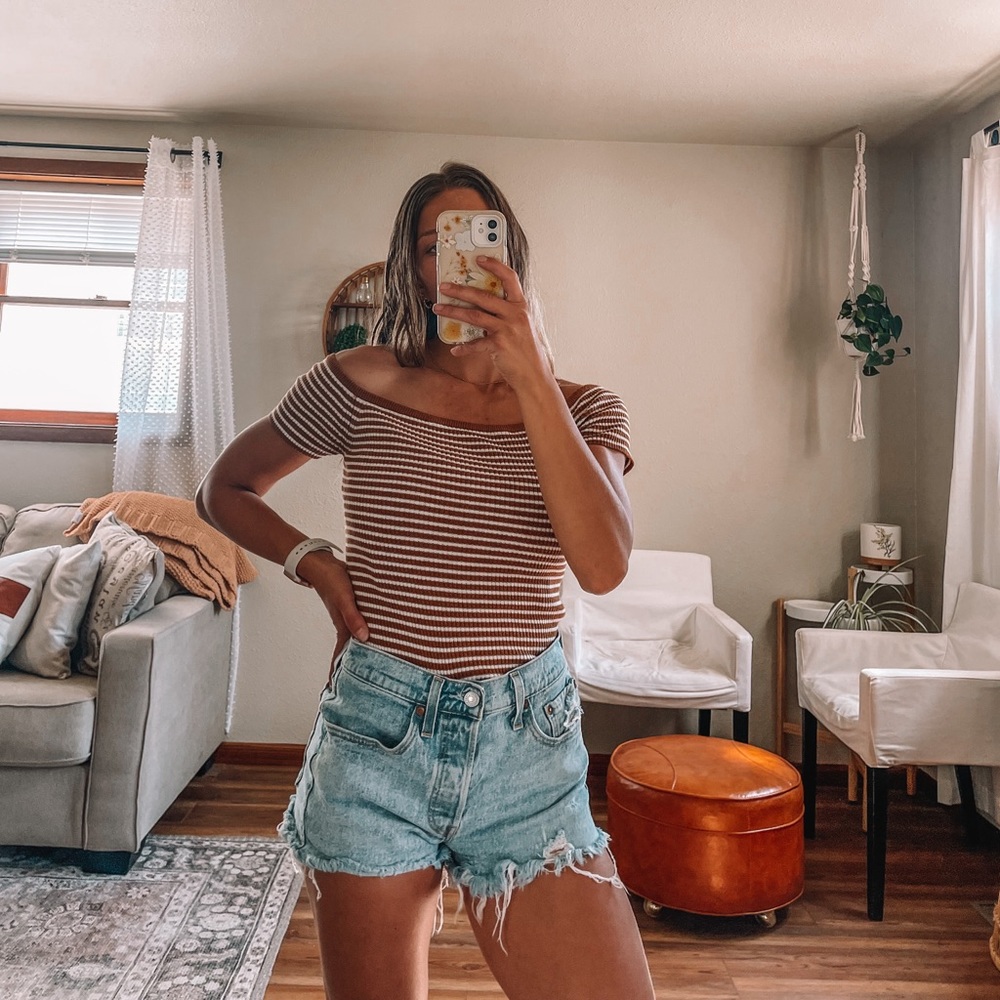 Off-the-Shoulder Sweater in Stripe Madewell top ribbed
